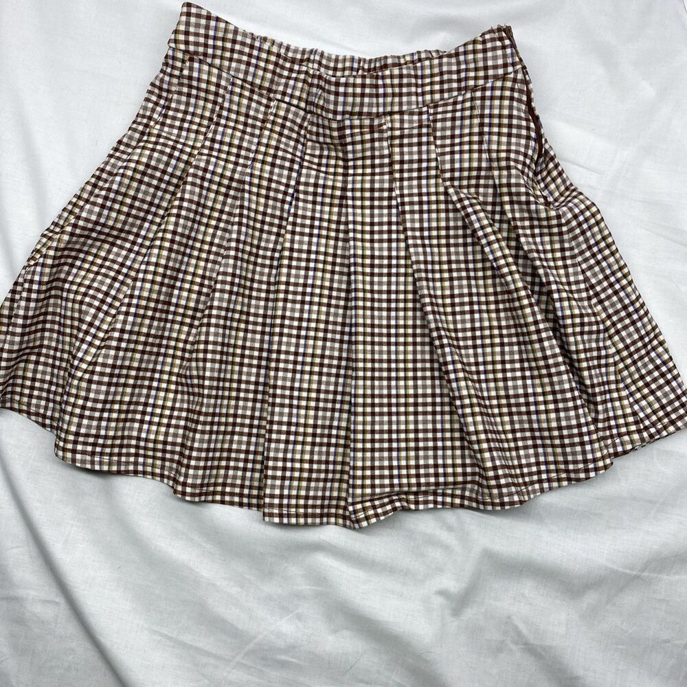 Love Tree Dark Academia Plaid Pleated Mini Skirt Brown Gingham Preppy Coquette L